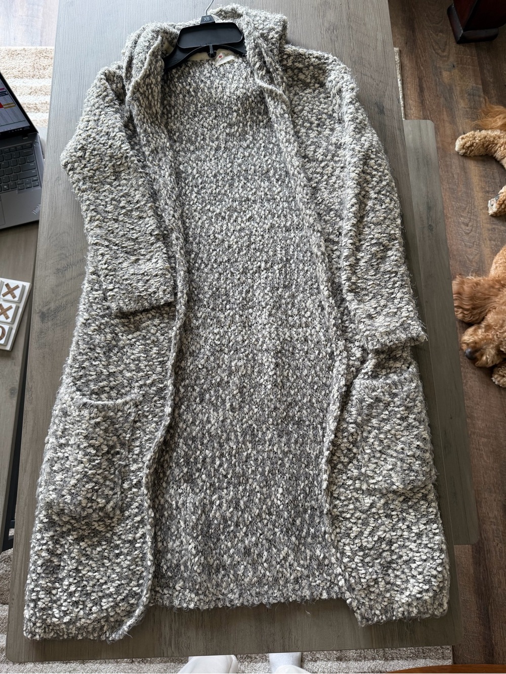Poof! Gray and Cream Bouclé Open-Front Cardigan